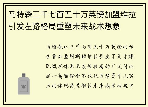 马特森三千七百五十万英镑加盟维拉引发左路格局重塑未来战术想象