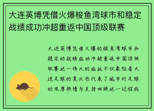 大连英博凭借火爆梭鱼湾球市和稳定战绩成功冲超重返中国顶级联赛