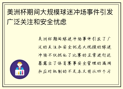 美洲杯期间大规模球迷冲场事件引发广泛关注和安全忧虑